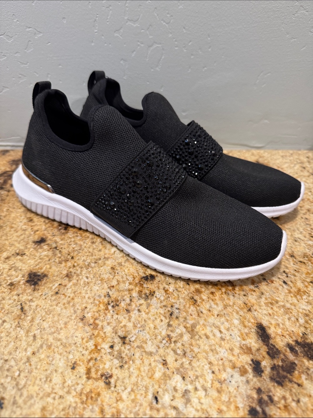 Nine West Women's Black Slip-On Knit Sneakers with Embellished Rhinestone Strap